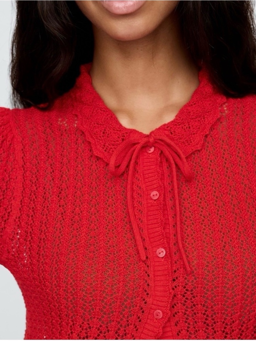 GAP x DOEN Open-Knit Tie-Neck Short Sleeve Blouse in Red - Picture 2 of 7